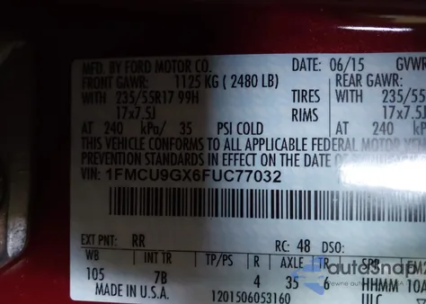 2015 Ford Escape Se z USA, uszkodzony, nr VIN 1FMCU9GX6FUC77032